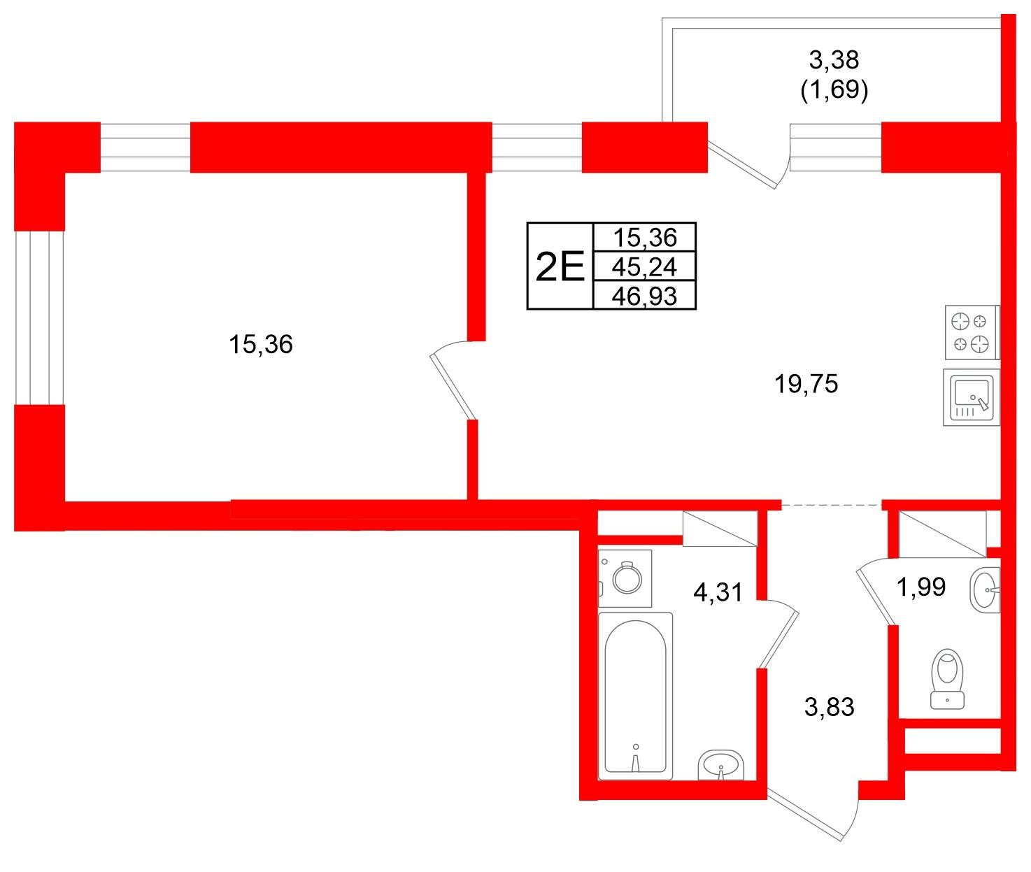 1-комнатная 46 м2 в ЖК Юнтолово корпус null этаж 20