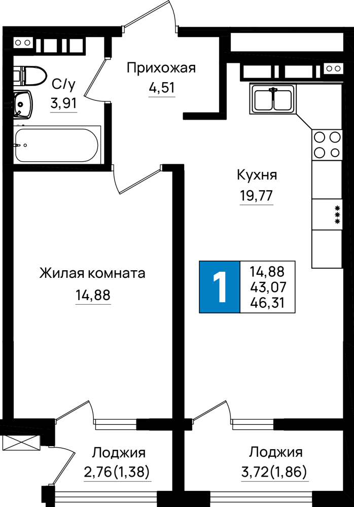 1-комнатная 46 м2 в ЖК Резиденция морей корпус null этаж 15