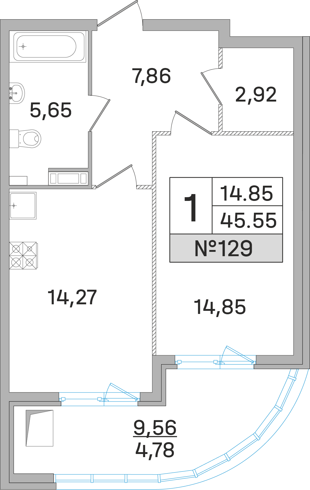 1-комнатная 45 м2 в ЖК Дом‐Мегалит в Королёве корпус null этаж 15