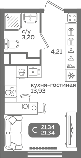 Студия 21 м2 в ЖК Меридиан Слобода корпус null этаж 4