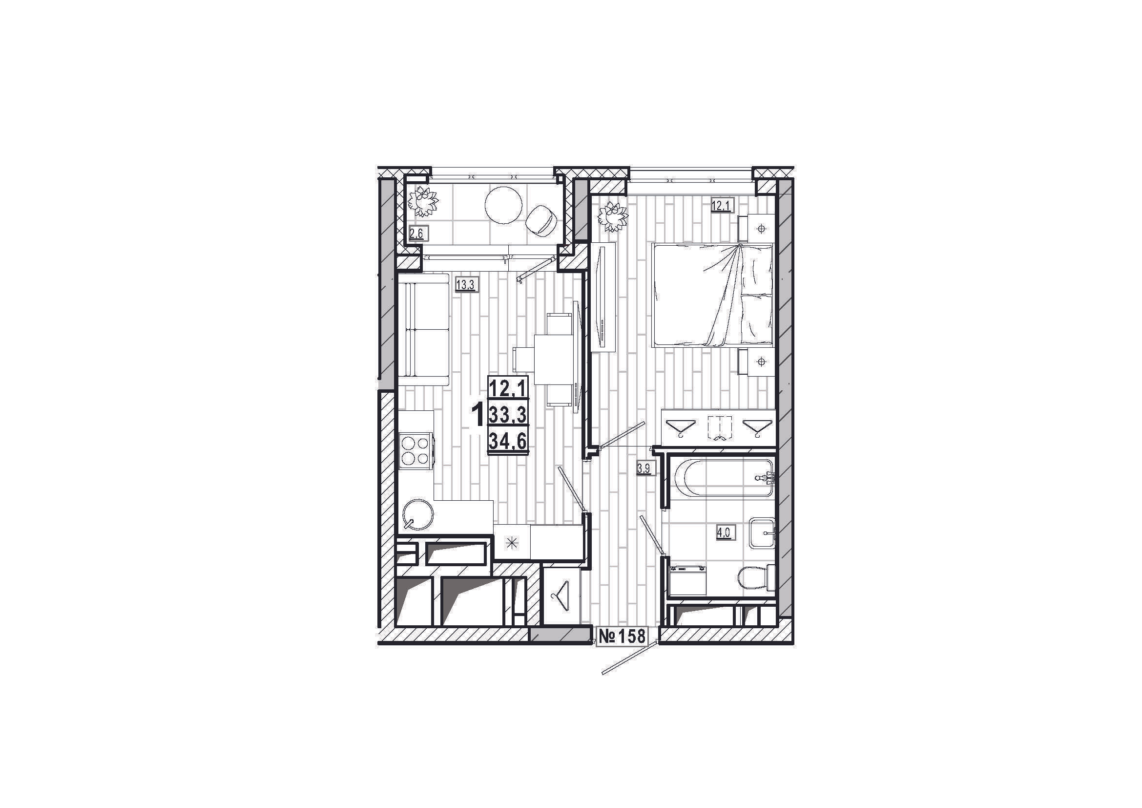 1-комнатная 34 м2 в ЖК Дом на Маяковского корпус null этаж 3