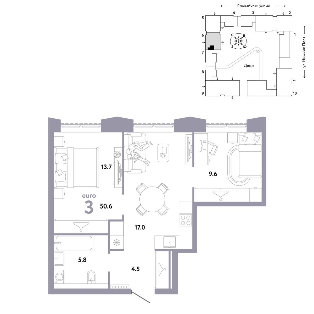 3-комнатная 50 м2 в ЖК Страна.Заречная корпус null этаж 15