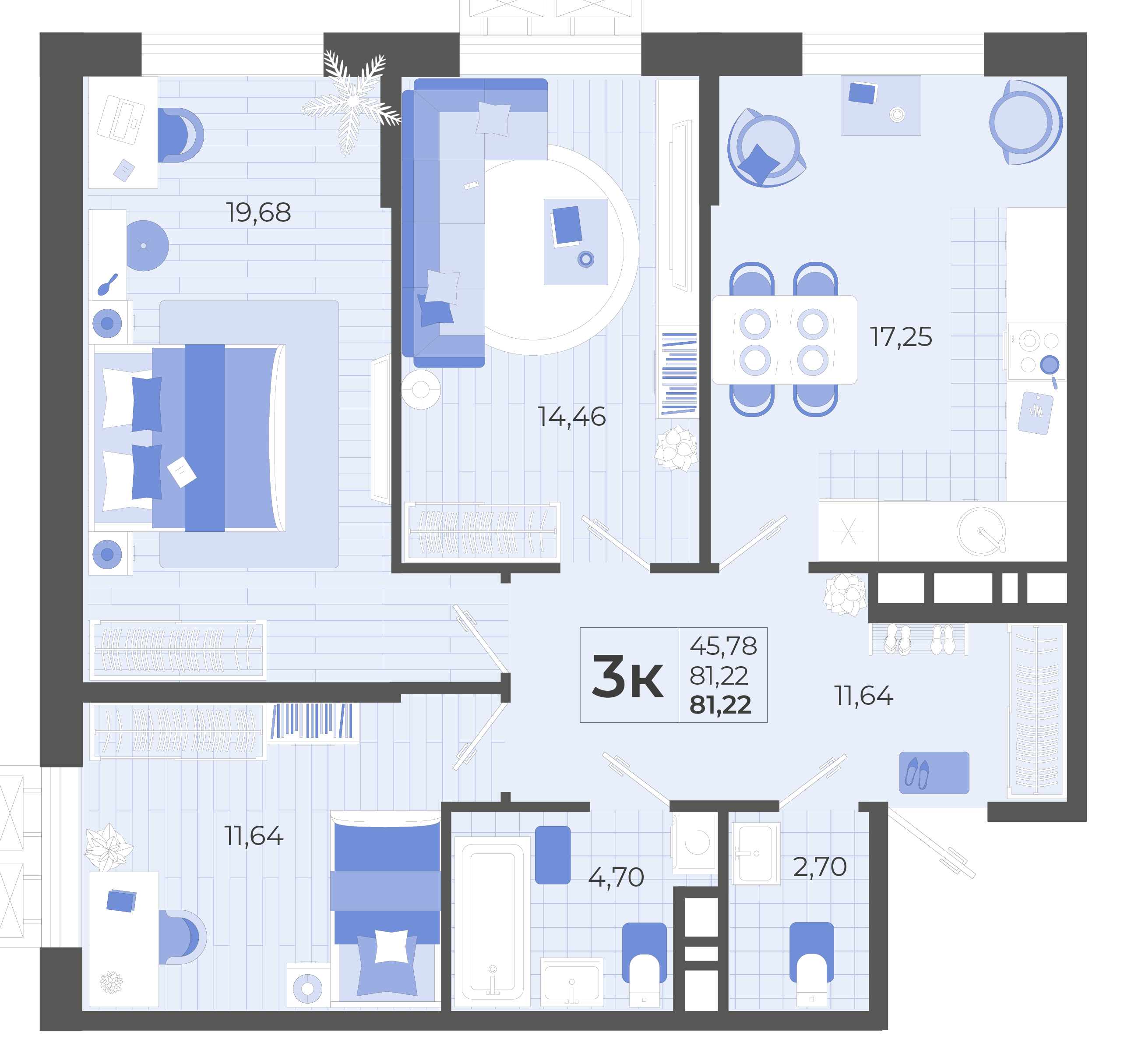 3-комнатная 81 м2 в ЖК Высочество корпус null этаж 12
