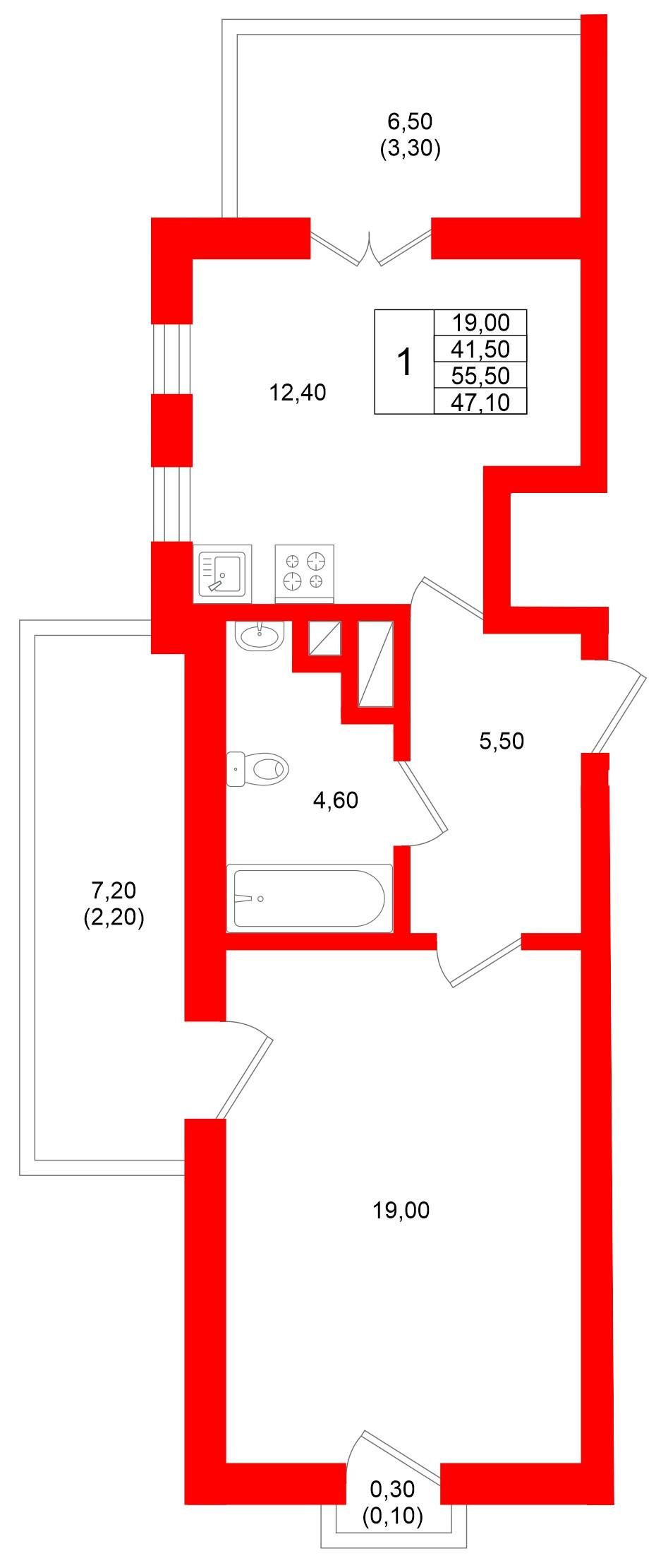1-комнатная 47 м2 в ЖК Фридланд корпус null этаж 6