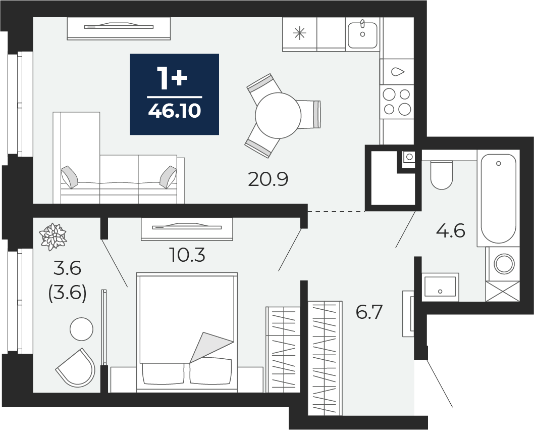 1-комнатная 46 м2 в ЖК Мириады корпус null этаж 12