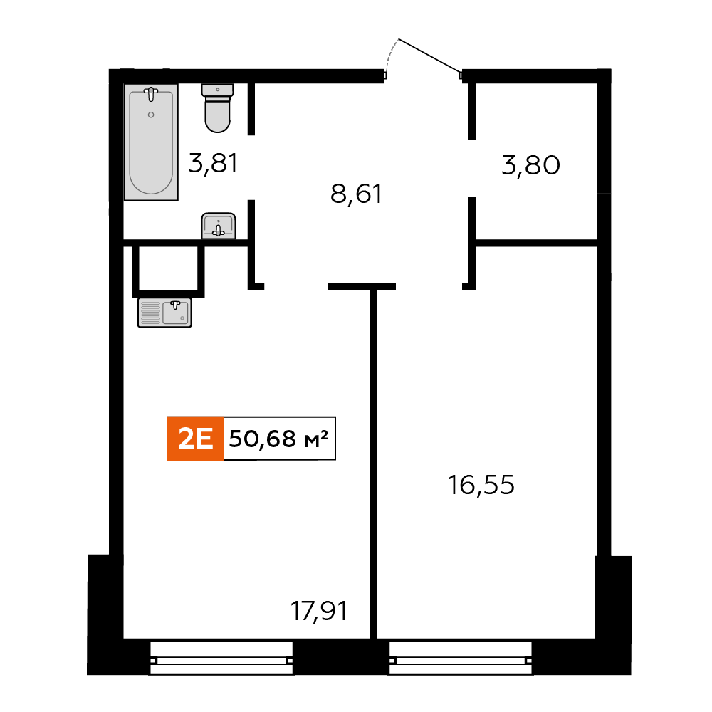 1-комнатная 50 м2 в ЖК Аккорд корпус null этаж 2