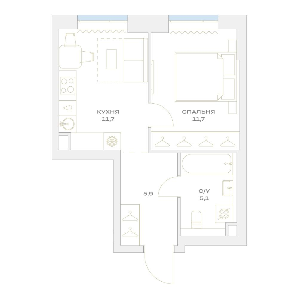 1-комнатная 34 м2 в ЖК Детали корпус null этаж 2