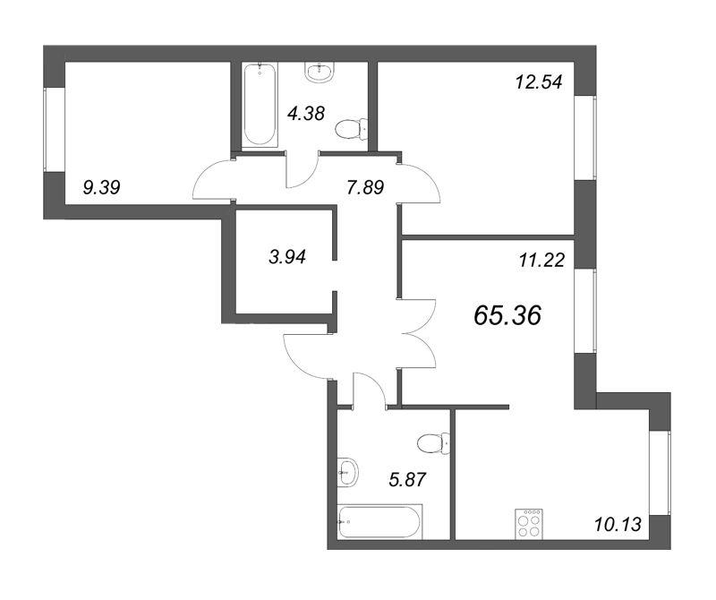 3-комнатная 65 м2 в ЖК ID Кудрово корпус null этаж 1