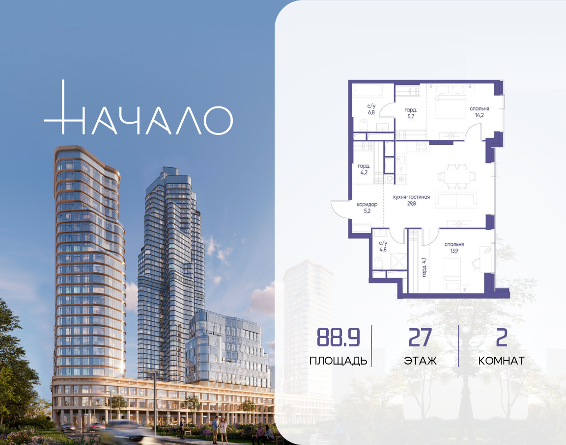 2-комнатная 88 м2 в ЖК Начало корпус null этаж 27