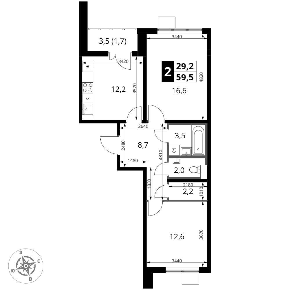 2-комнатная 59 м2 в ЖК 1-й Южный корпус null этаж 23
