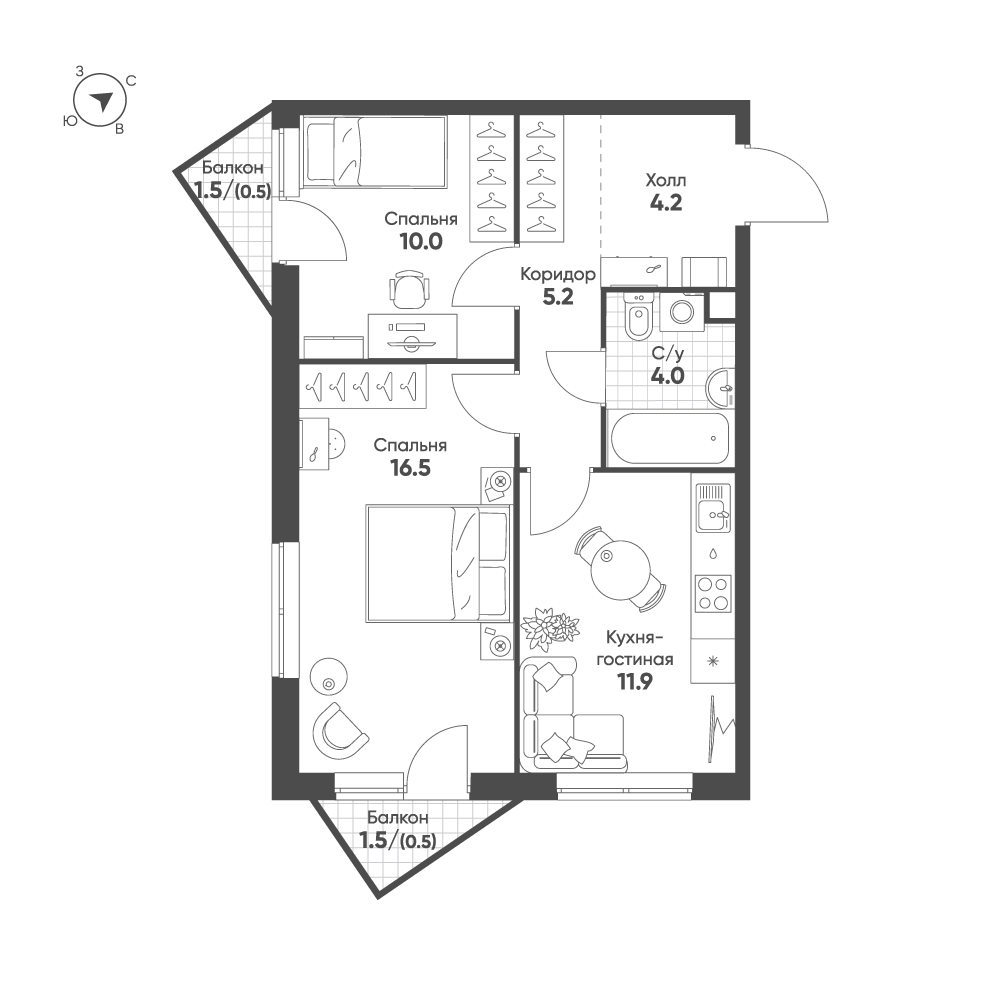 2-комнатная 52 м2 в ЖК Sokolinn Park корпус null этаж 3