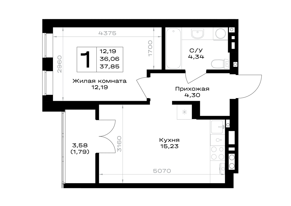 1-комнатная 37 м2 в ЖК Включи корпус null этаж 3