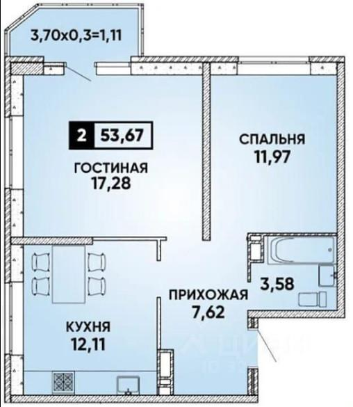 2-комнатная 54 м2 в ЖК undefined корпус null этаж 16