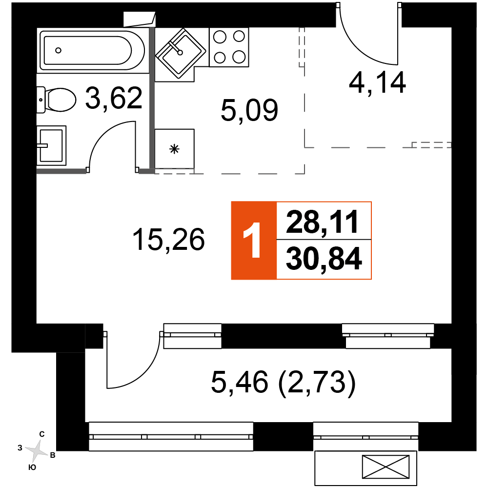 1-комнатная 30 м2 в ЖК Жаворонки Клаб корпус null этаж 4
