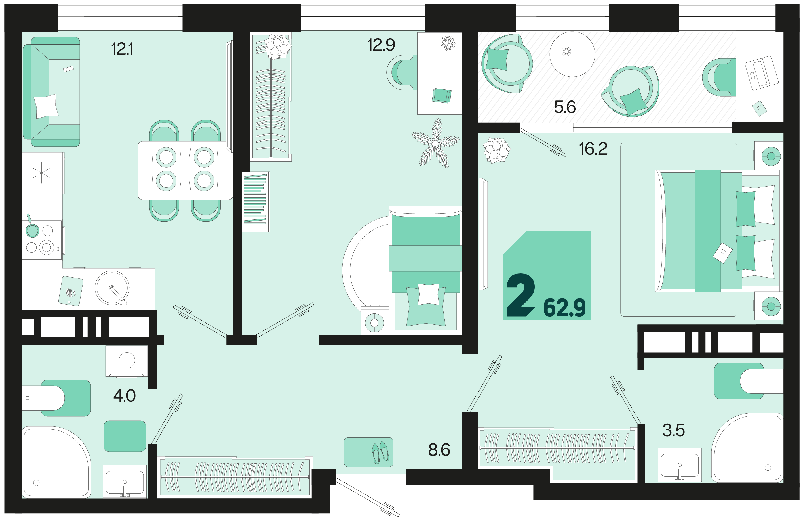 2-комнатная 62 м2 в ЖК Первое место корпус null этаж 18