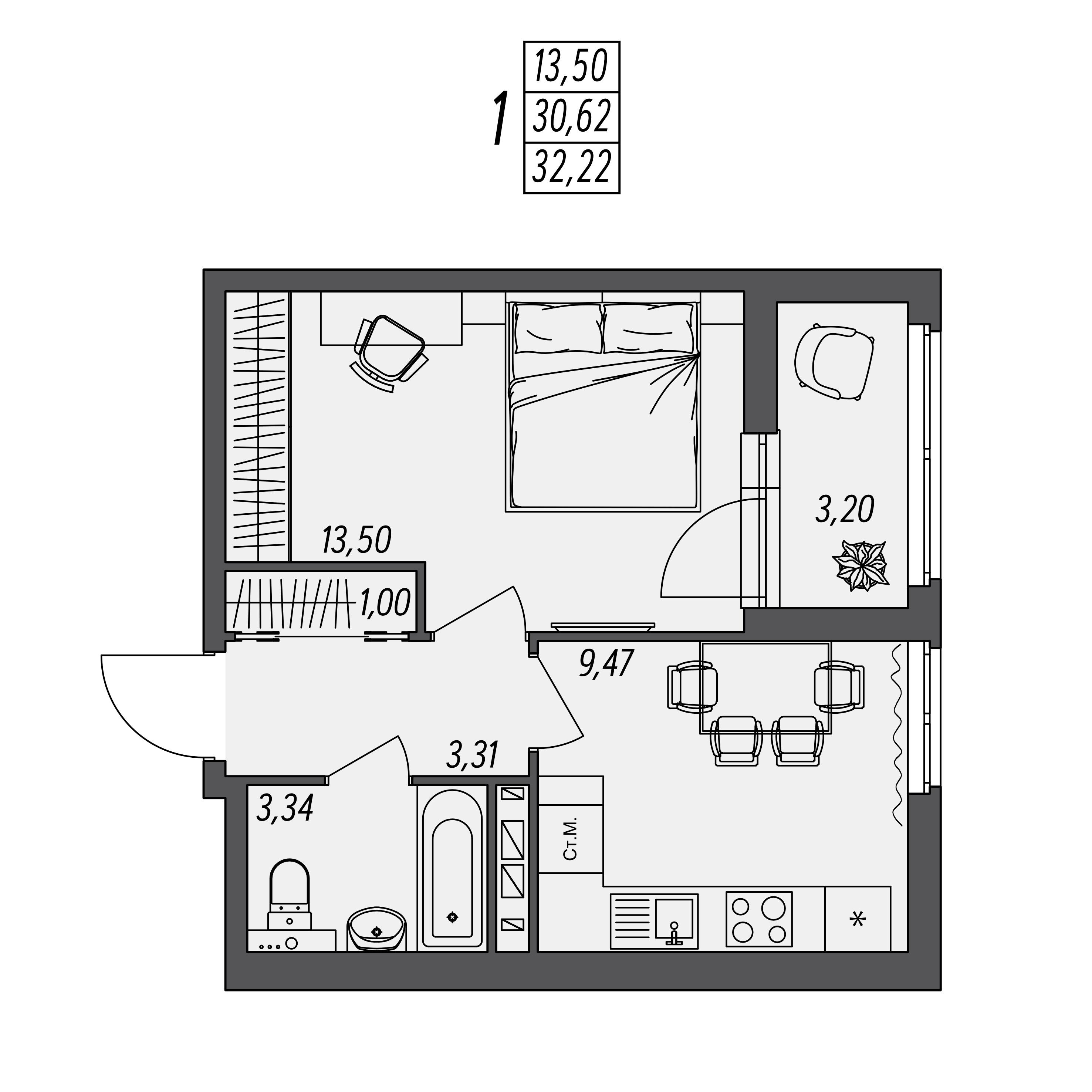 1-комнатная 32 м2 в ЖК ‎Северный корпус null этаж 8