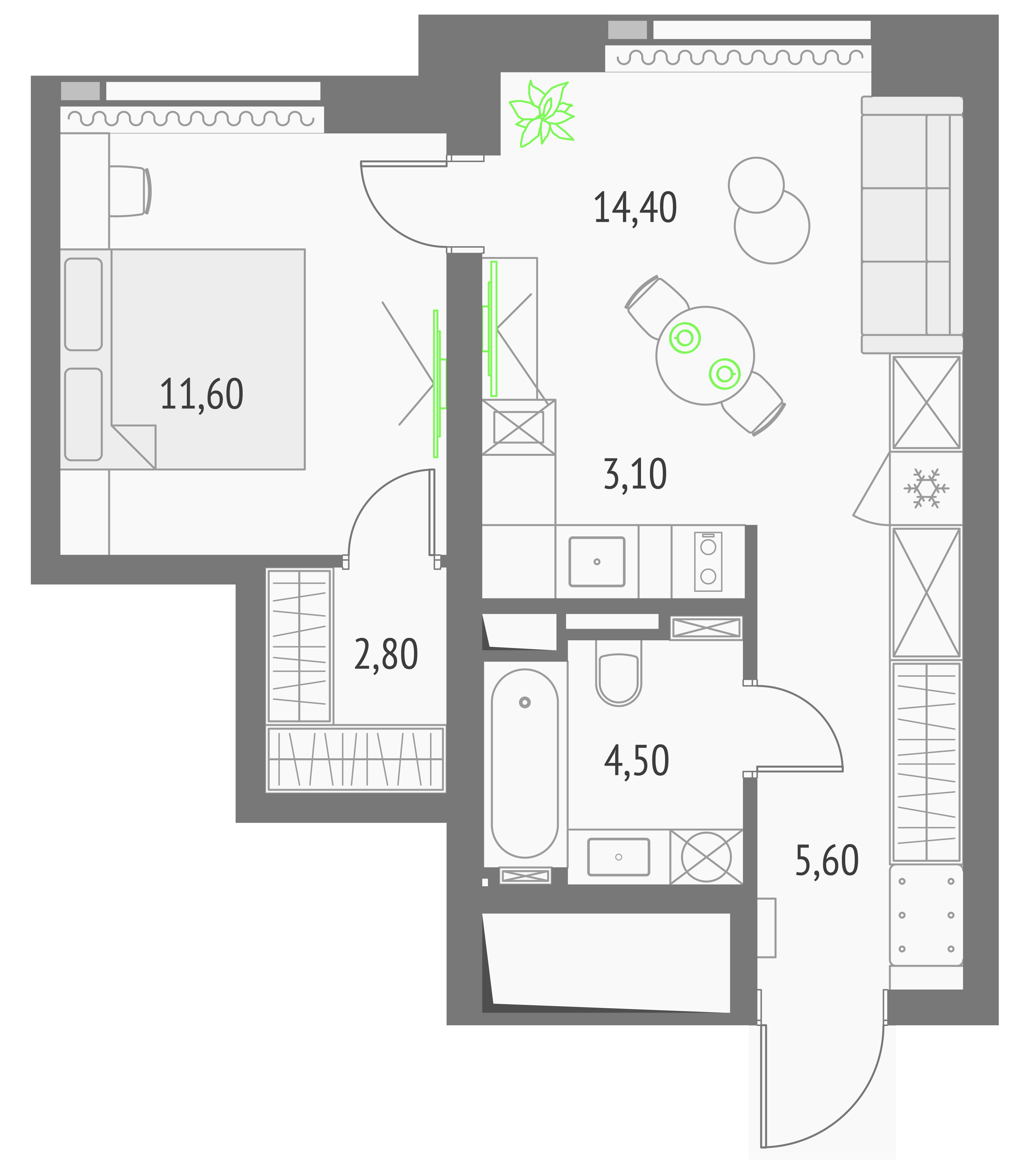 1-комнатная 42 м2 в ЖК Upside Towers корпус null этаж 20