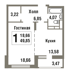 1-комнатная 49.9 м2 в ЖК undefined корпус null этаж 4