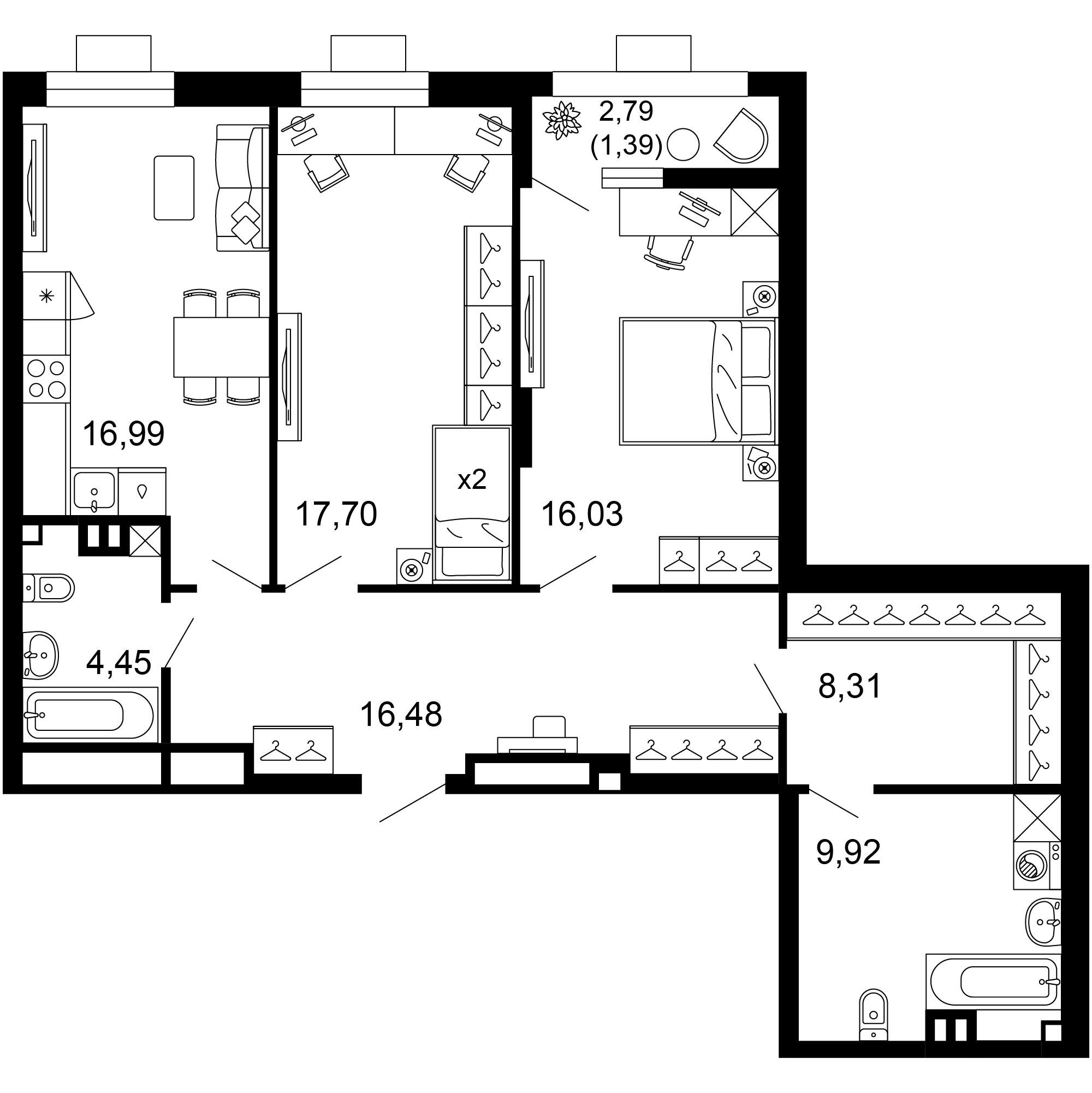 2-комнатная 91 м2 в ЖК 1799 корпус null этаж 1