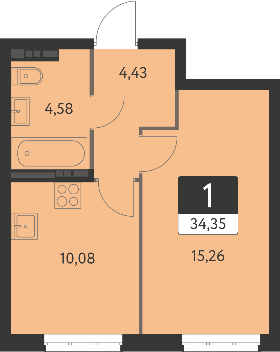 1-комнатная 34 м2 в ЖК Спутник-1 корпус null этаж 6