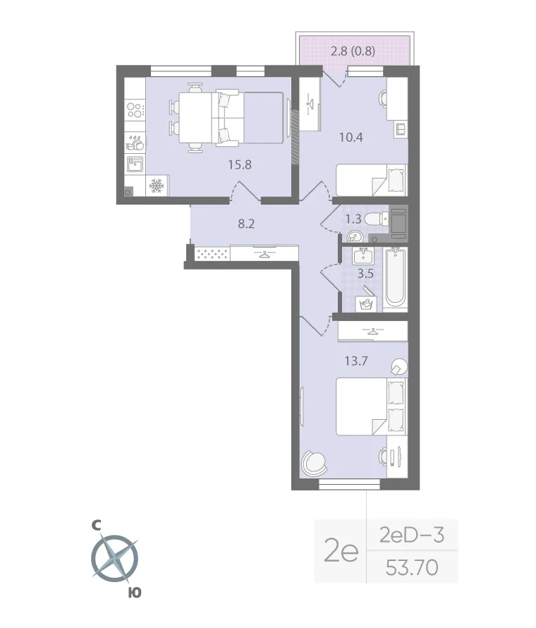 2-комнатная 53 м2 в ЖК Ручьи (2 оч.) корпус null этаж 6