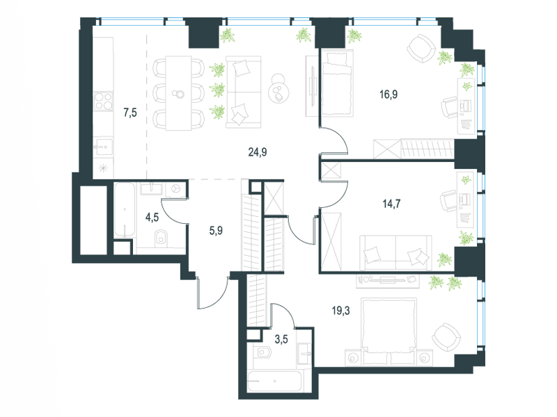 4-комнатная 97 м2 в ЖК Level Мичуринский корпус null этаж 29