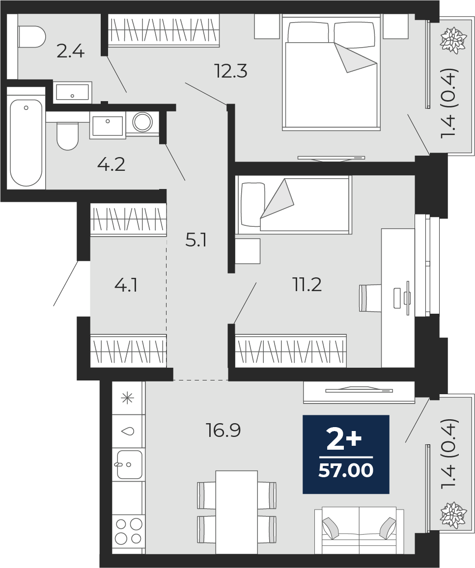 2-комнатная 56 м2 в ЖК Мириады корпус null этаж 18