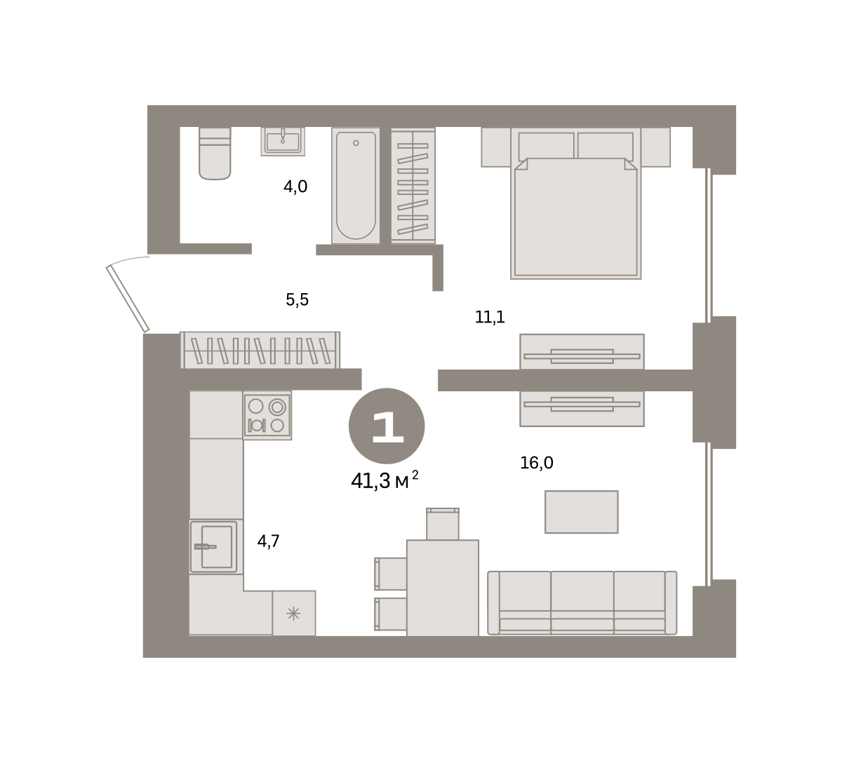 1-комнатная 41 м2 в ЖК Метроном корпус null этаж 10