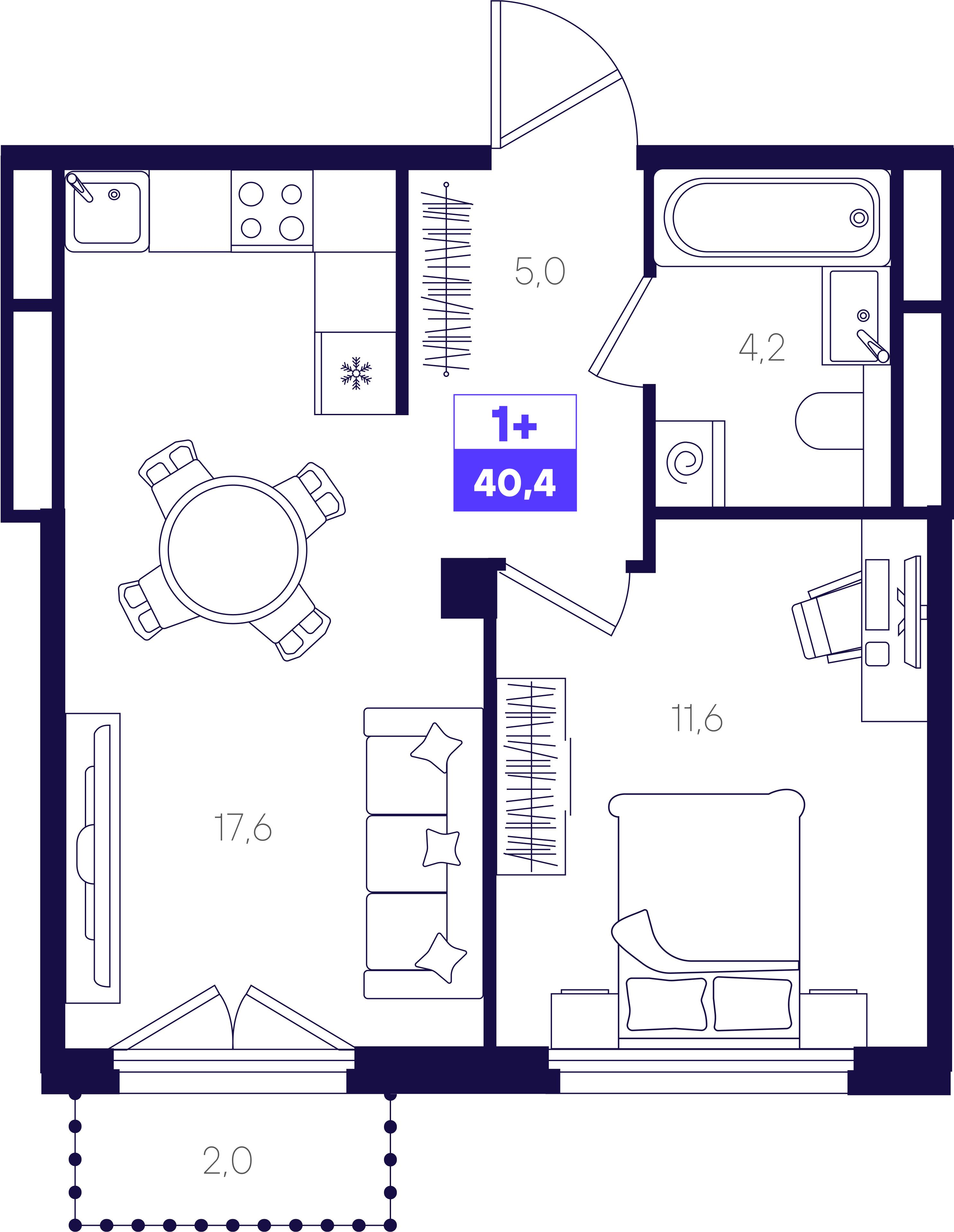 1-комнатная 40 м2 в ЖК Отличие корпус null этаж 3