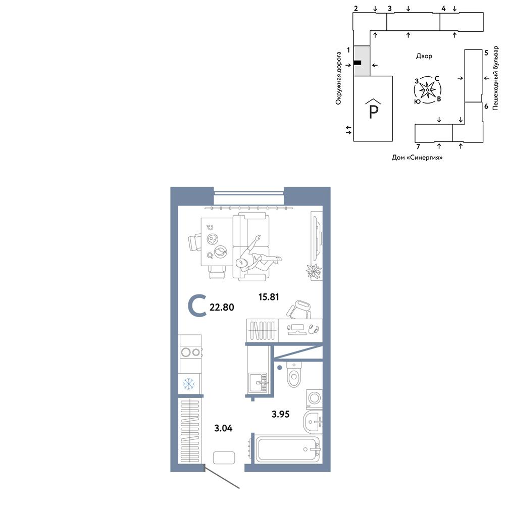 Студия 22 м2 в ЖК Юнион корпус null этаж 12