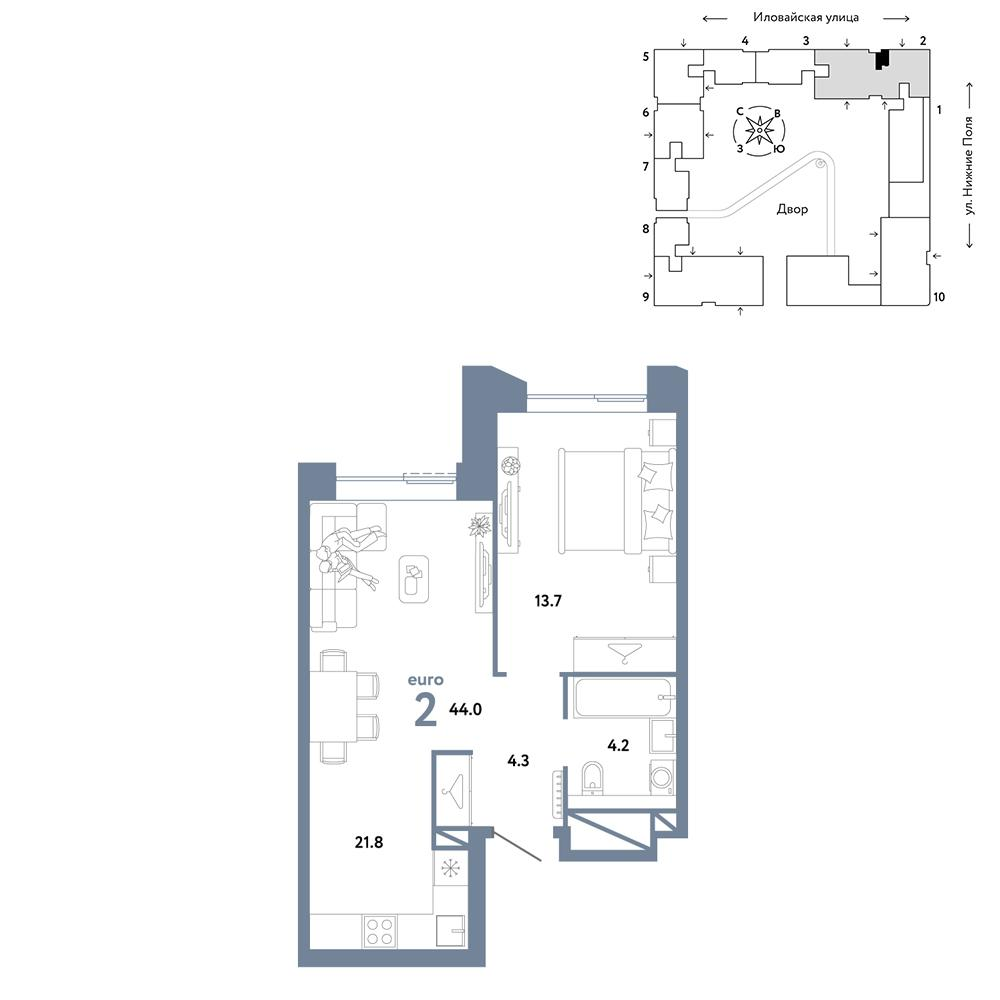 2-комнатная 44 м2 в ЖК Страна.Заречная корпус null этаж 9