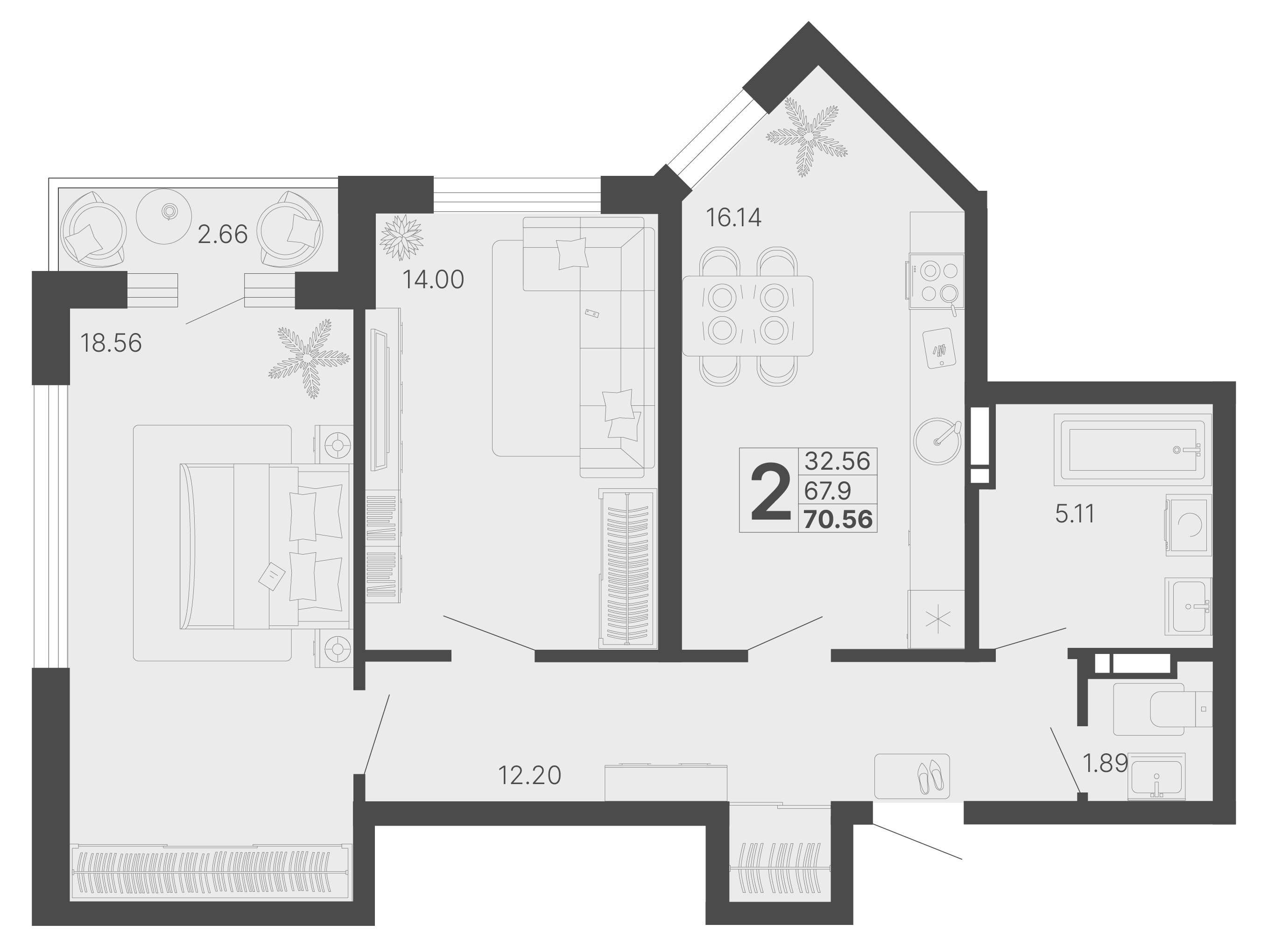 2-комнатная 70 м2 в ЖК Светский лес корпус null этаж 12