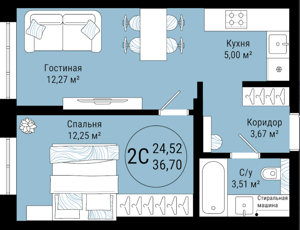 1-комнатная 36.7 м2 в ЖК undefined корпус null этаж 21
