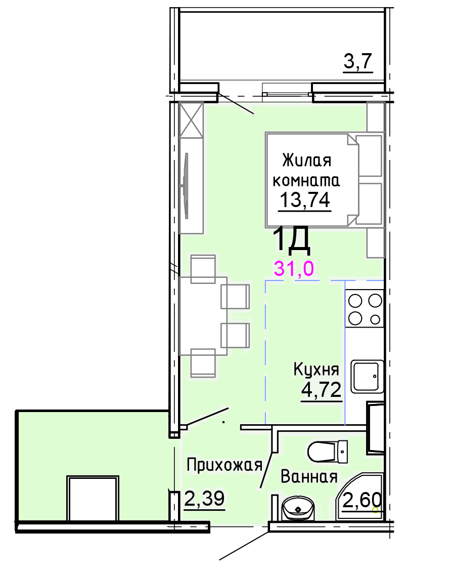 Студия 31 м2 в ЖК undefined корпус null этаж 3