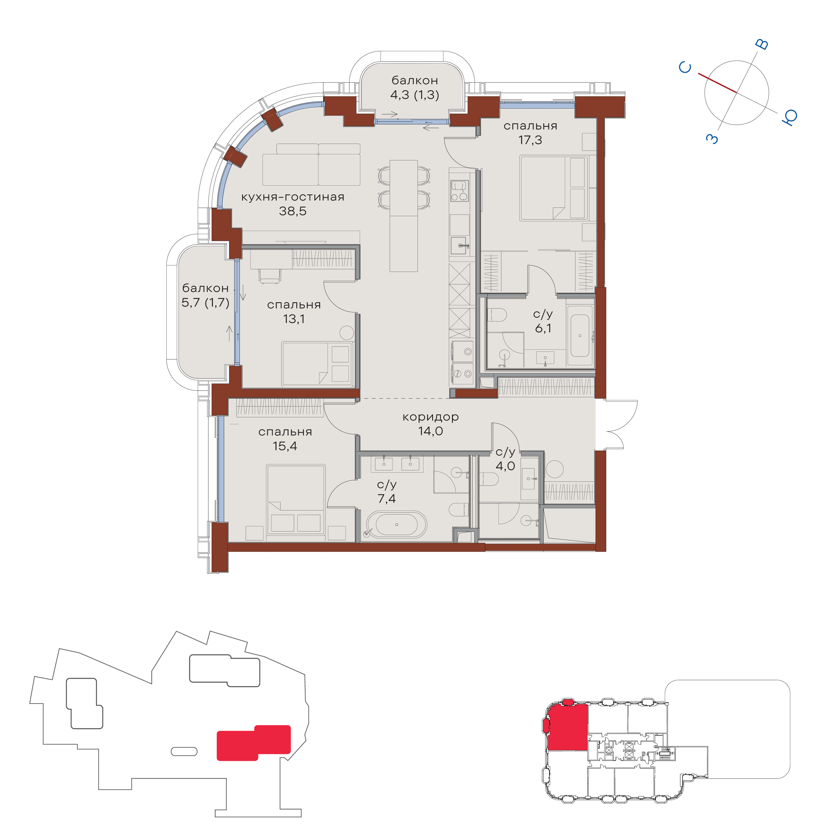 3-комнатная 118 м2 в ЖК Татарская 35 корпус null этаж 9