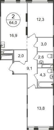 2-комнатная 64 м2 в ЖК Первый Московский корпус null этаж 7