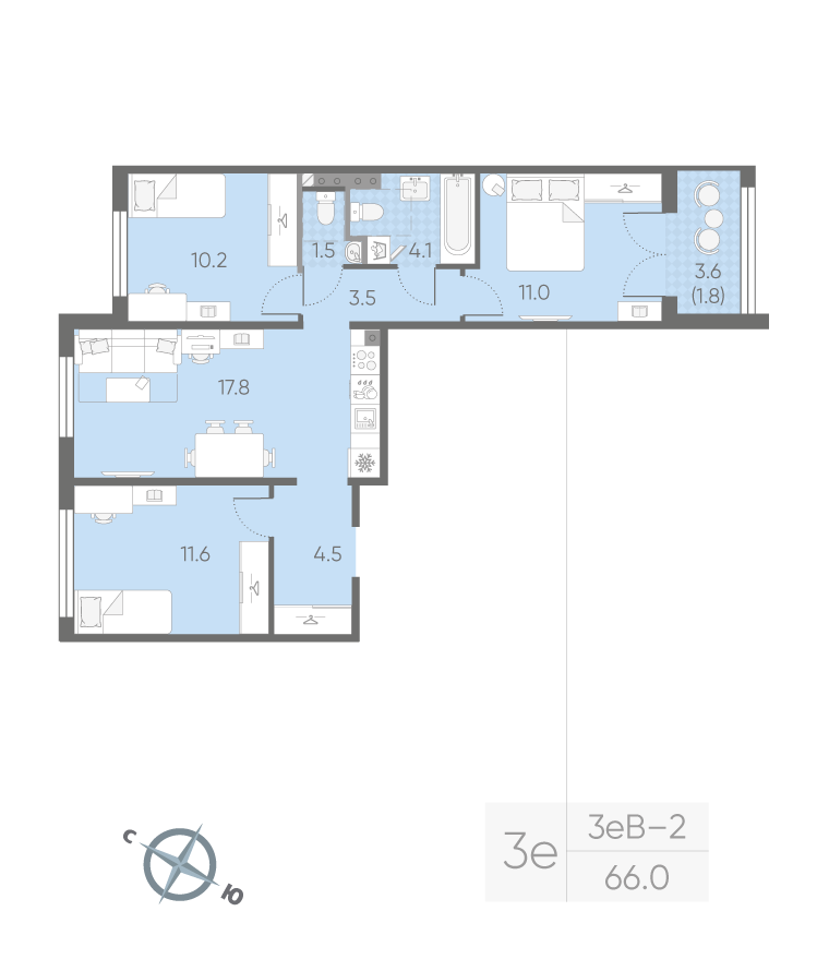 3-комнатная 66 м2 в ЖК Пулково Lake корпус null этаж 4