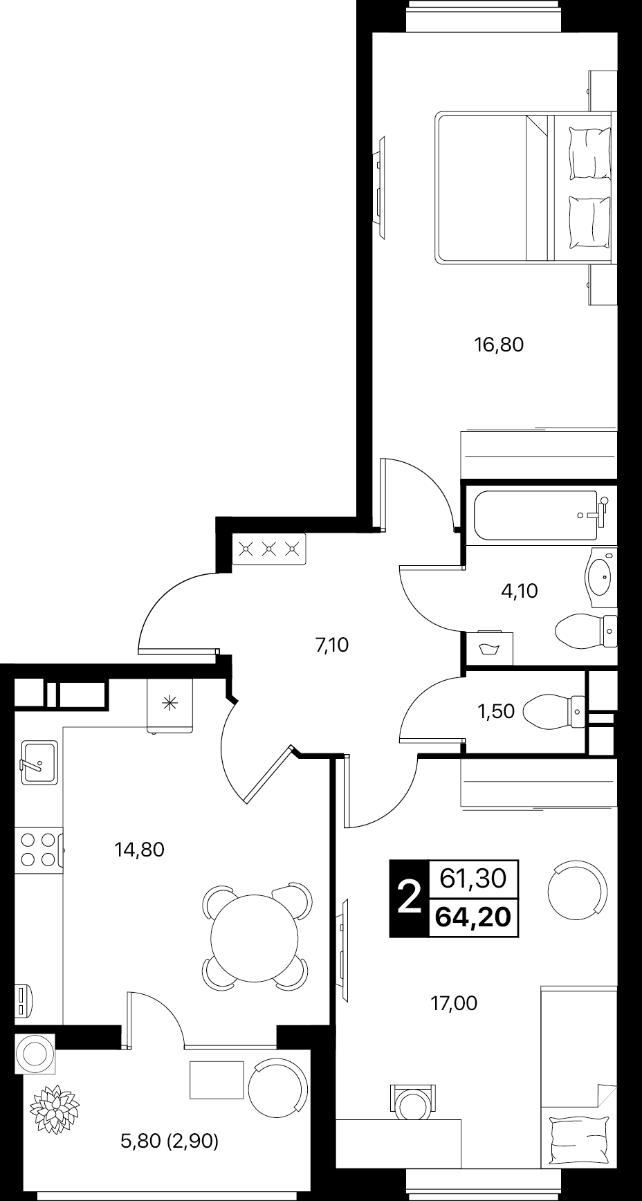 2-комнатная 64 м2 в ЖК Эстет корпус null этаж 7