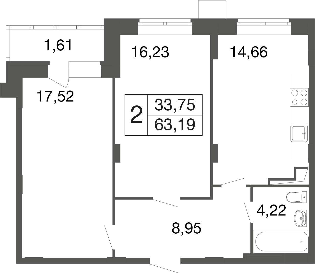 2-комнатная 63 м2 в ЖК Времена года корпус null этаж 1