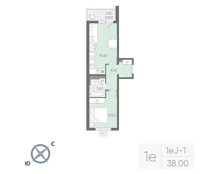 1-комнатная 38 м2 в ЖК Зеркальный ручей корпус null этаж 20