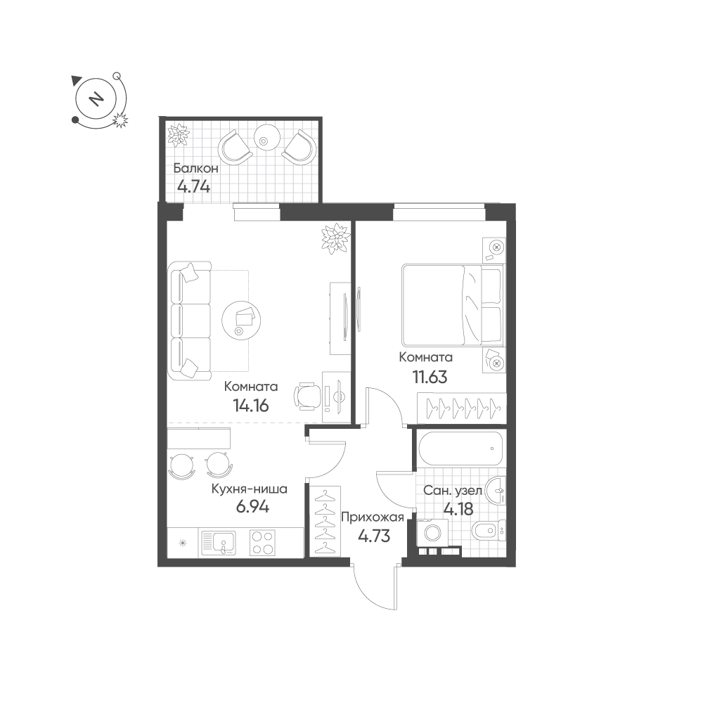 2-комнатная 43 м2 в ЖК Балтым-Парк корпус null этаж 5