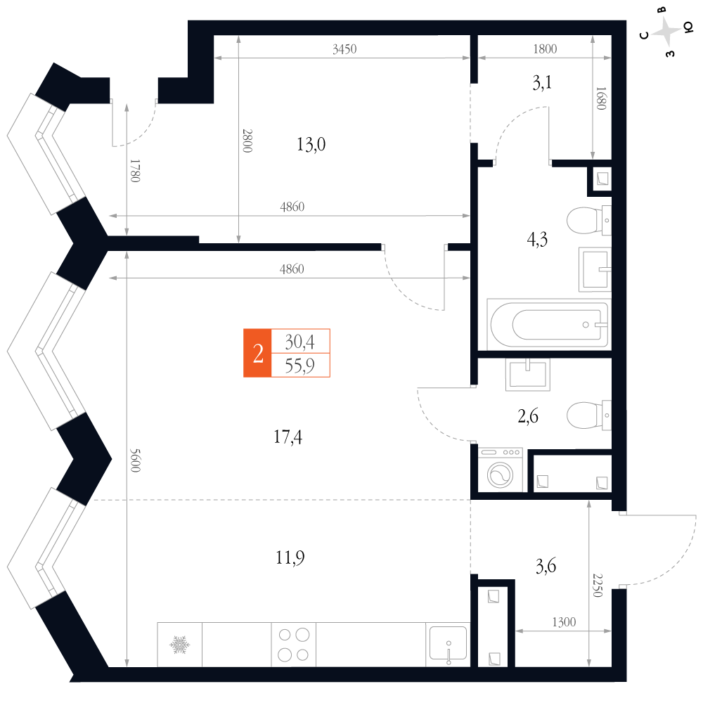 2-комнатная 55 м2 в ЖК Фордевинд корпус null этаж 13