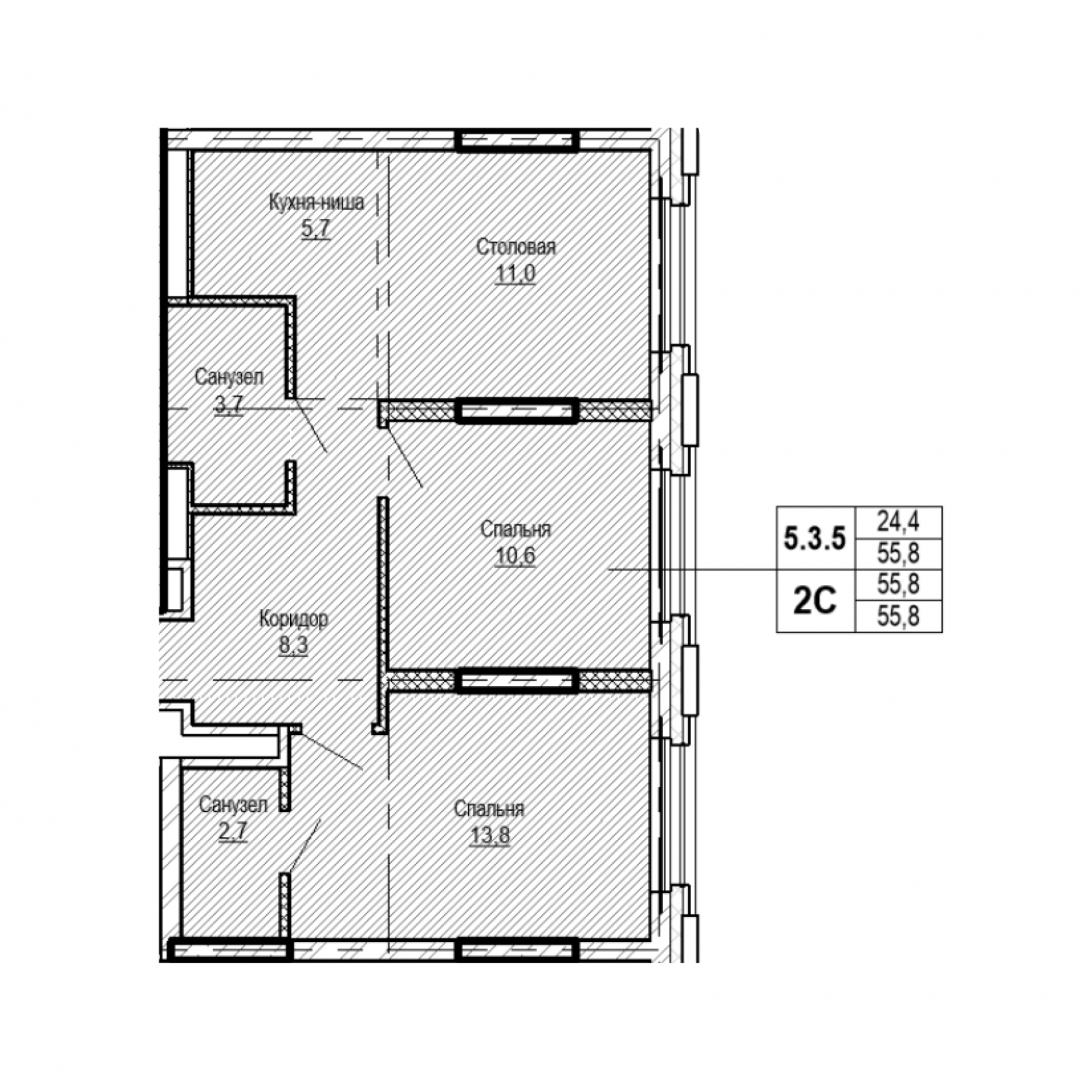 2-комнатная 55.8 м2 в ЖК undefined корпус null этаж 3