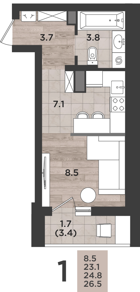 Студия 24 м2 в ЖК Альпенштадт корпус null этаж 7