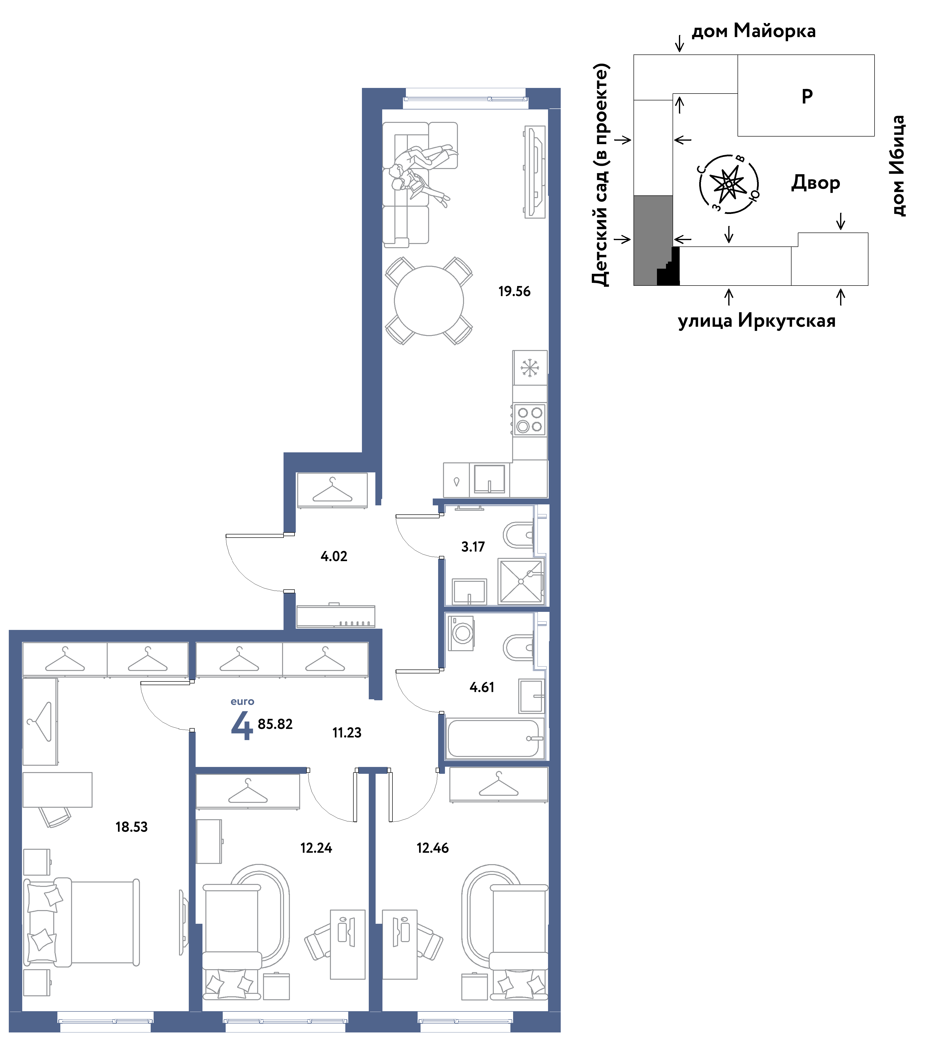 4-комнатная 85 м2 в ЖК Остров-сад корпус null этаж 12
