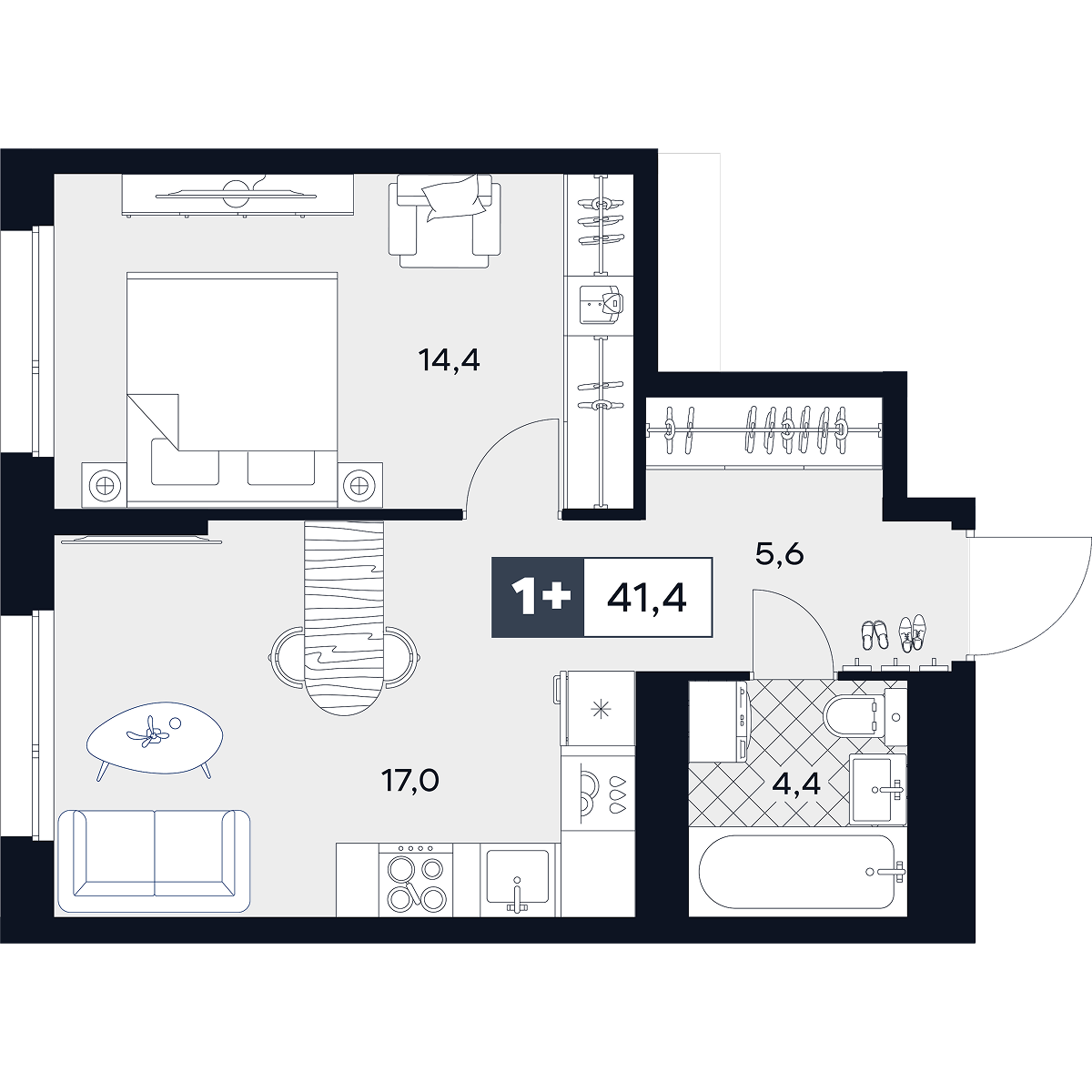 1-комнатная 41 м2 в ЖК Юту корпус null этаж 2