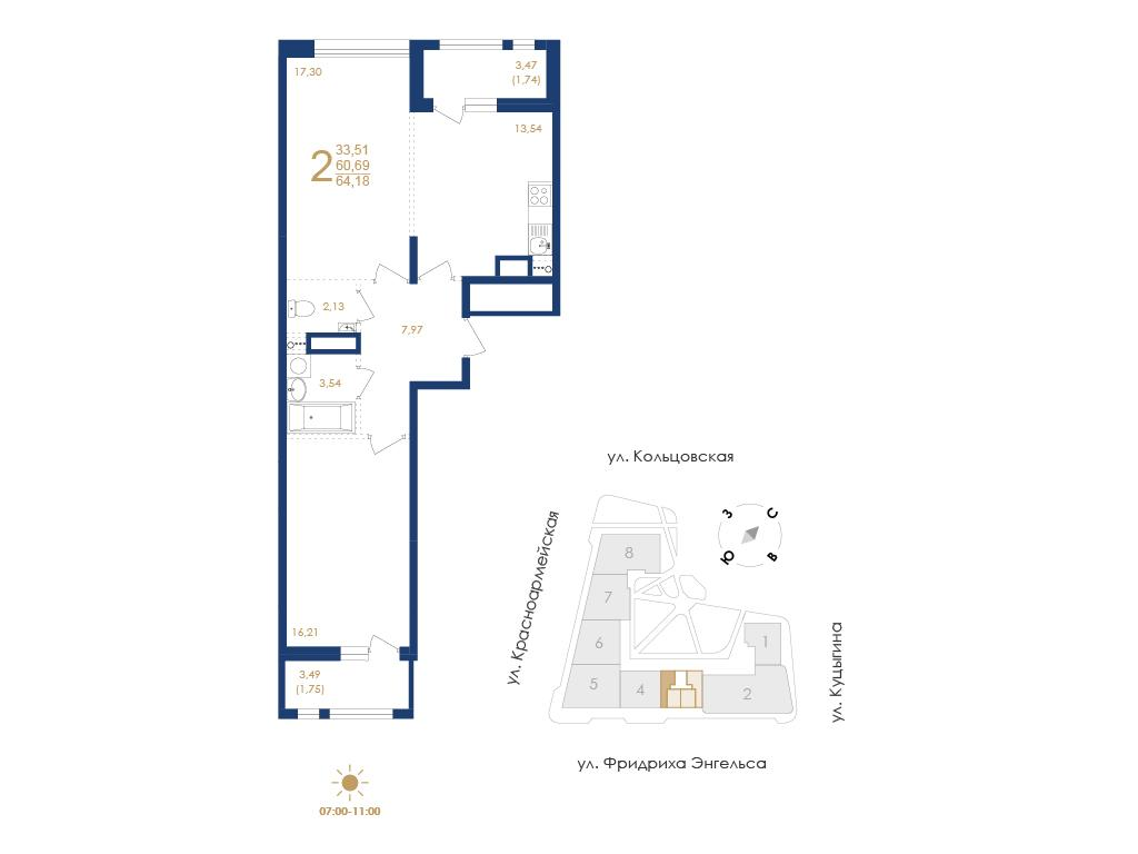 2-комнатная 64 м2 в ЖК Дом на Фридриха Энгельса корпус null этаж 7