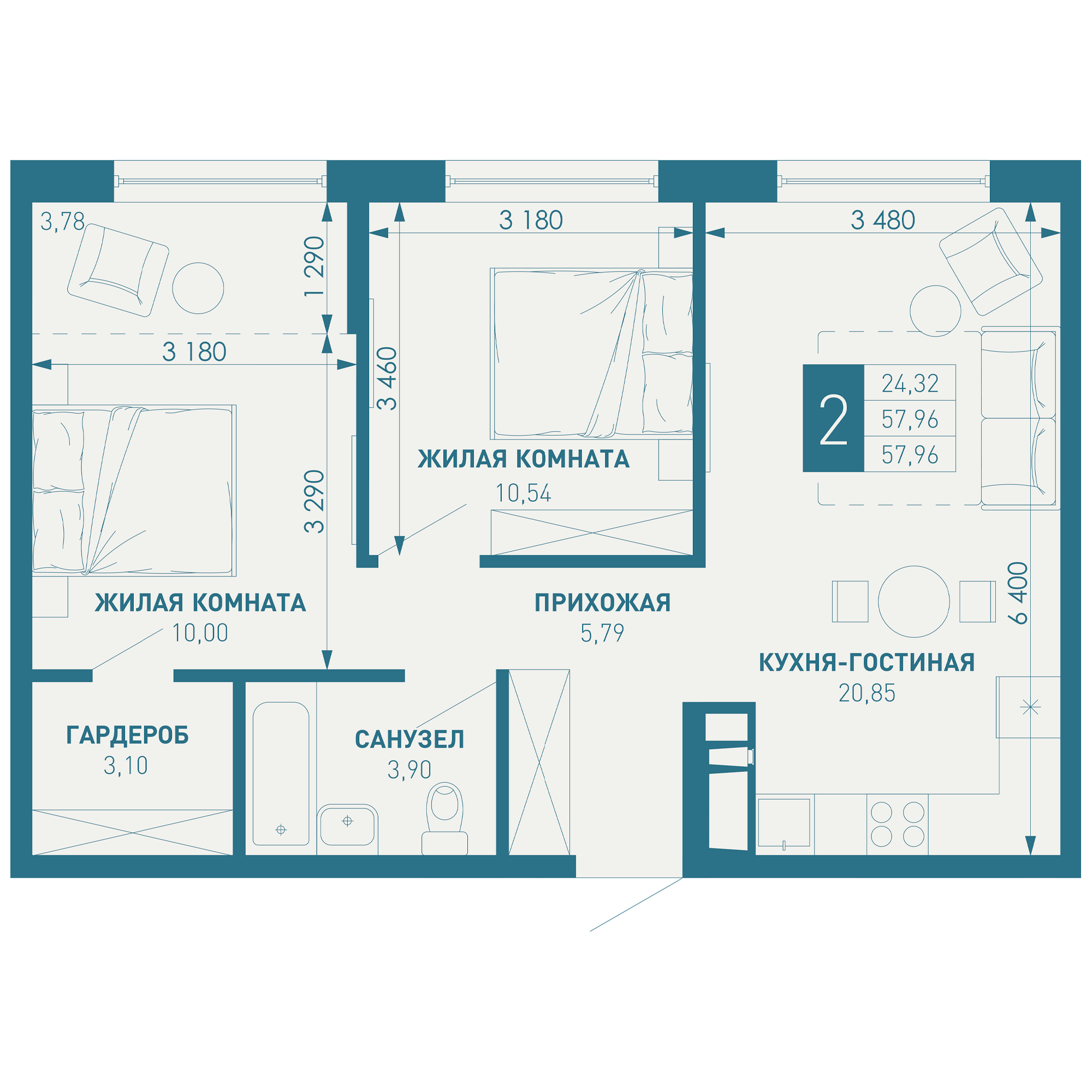 2-комнатная 59 м2 в ЖК ИНАЧЕ в Молодежном корпус null этаж 10