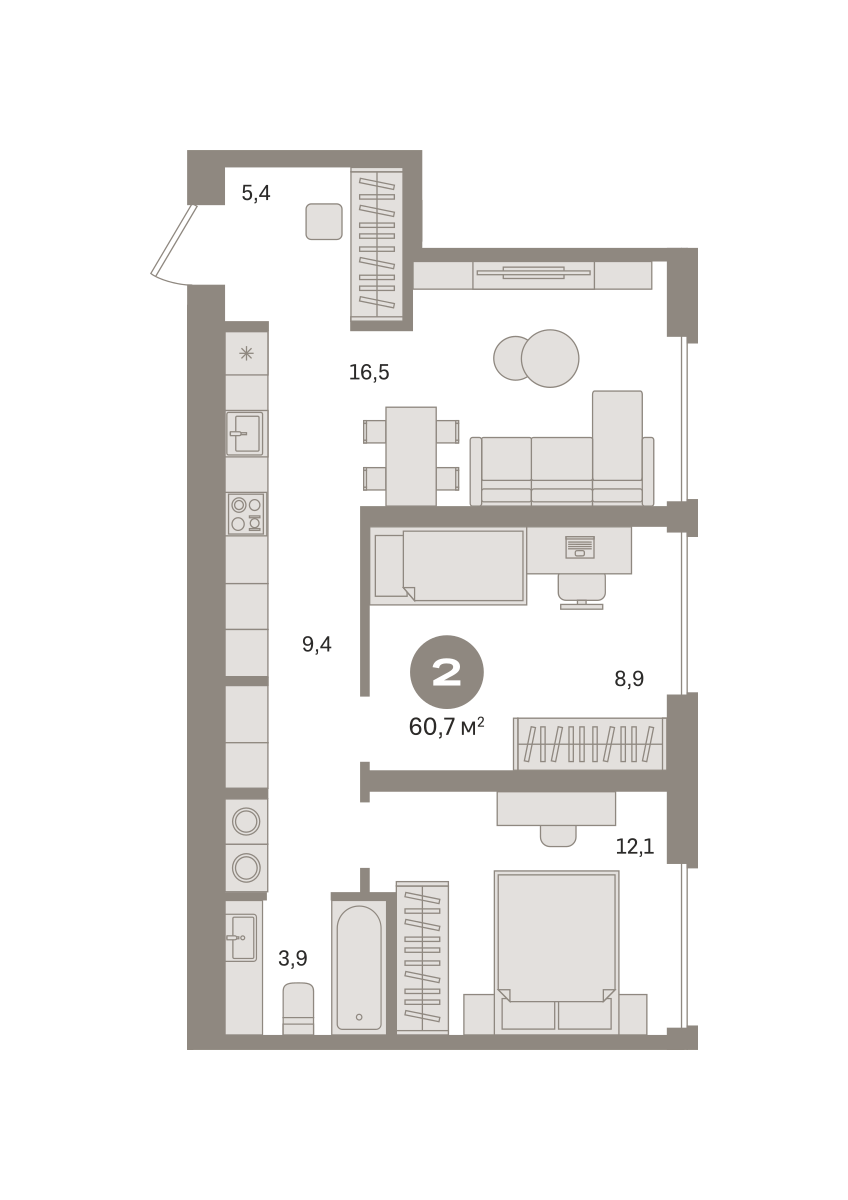 2-комнатная 60 м2 в ЖК Квартал Издание корпус null этаж 12