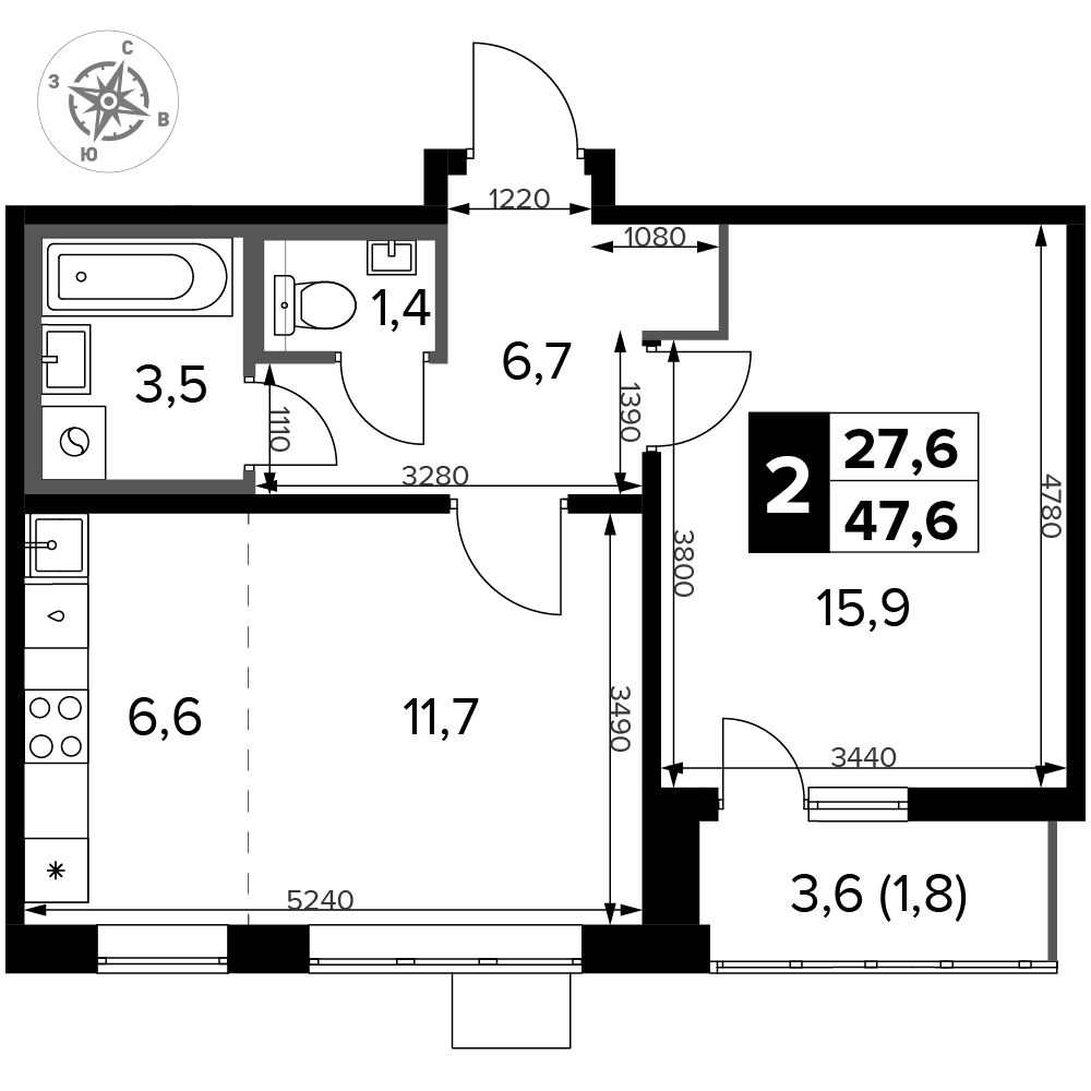 2-комнатная 47 м2 в ЖК 1-й Донской корпус null этаж 3